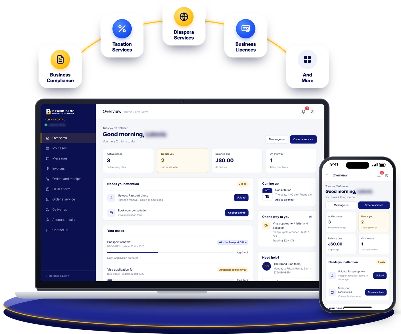 The Brand Bloc Client Portal on a laptop and phone, with our services: business compliance, taxation, diaspora services, business licences and more